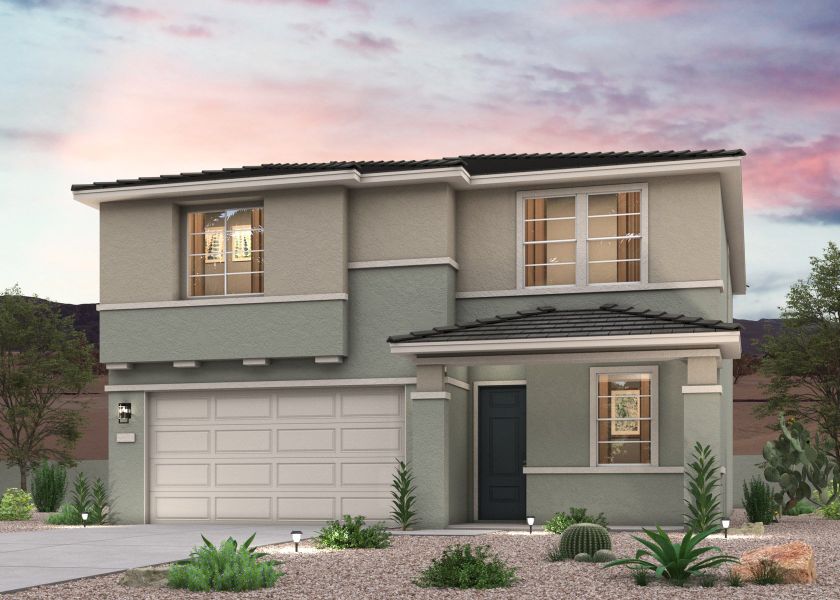 Twilight rendering of a 2-story new home for sale in Surprise, AZ by Century Communities. Twilight rendering of a 2-story new home for sale in Surprise, AZ by Century Communities.