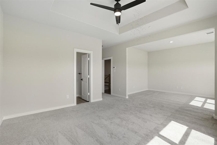 Unfurnished room with a raised ceiling, light carpet, and ceiling fan Unfurnished room with a raised ceiling, light carpet, and ceiling fan