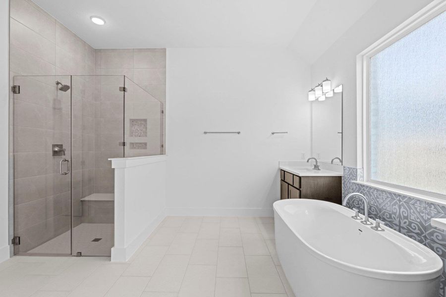 Primary Bath retreat with dual vanities, soaking tub & walk-in shower