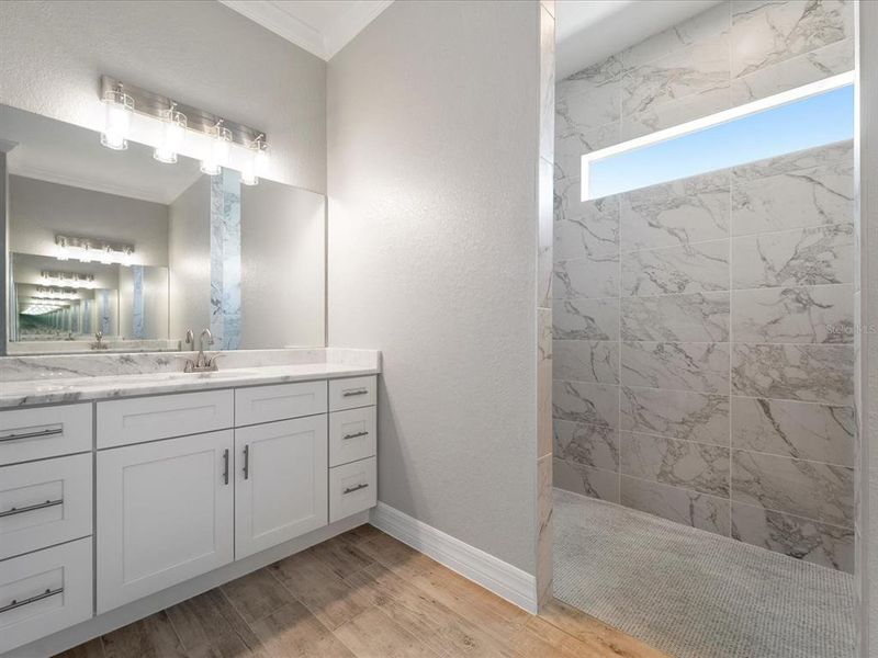 Primary's bathroom, left vanity & shower Primary's bathroom, left vanity & shower