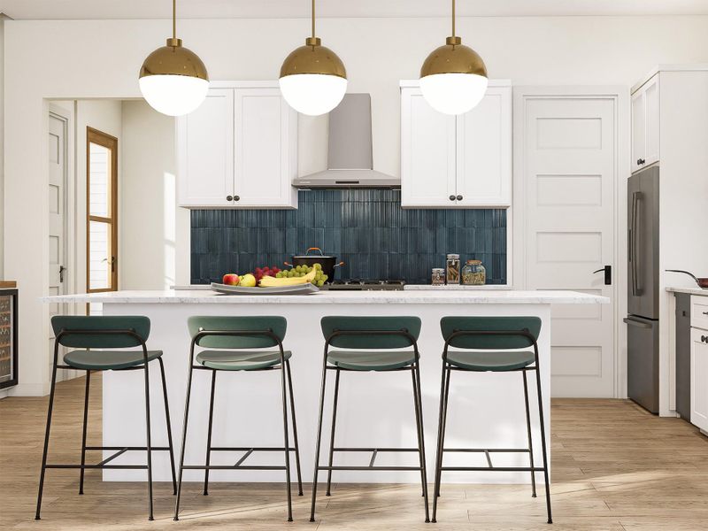 The chef-inspired kitchen is a standout feature, open to the family room with a seamless flow perfect for entertaining and daily living. Image shown is an artist’s rendering; final colors and selections may vary. Please see the New Home Consultant for details.