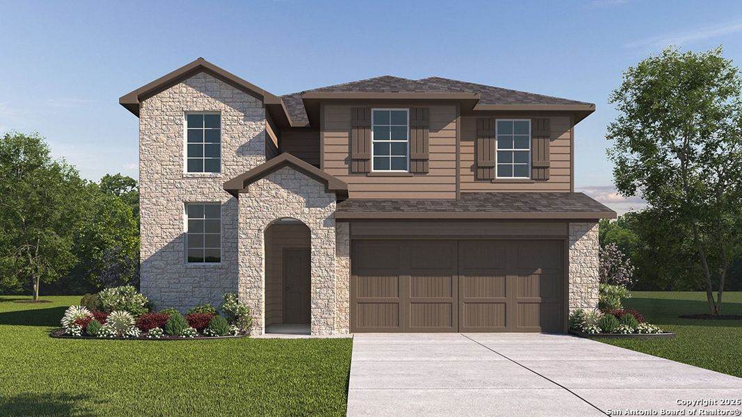 Front exterior of a new home in Brookstone Creek, San Antonio, TX, highlighting curb appeal (Image 1). Front exterior of a new home in Brookstone Creek, San Antonio, TX, highlighting curb appeal (Image 1).