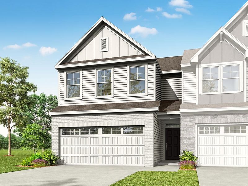 Front exterior of a new home in Running Brook Townes, Durham, NC, highlighting curb appeal (Image 1). Front exterior of a new home in Running Brook Townes, Durham, NC, highlighting curb appeal (Image 1).