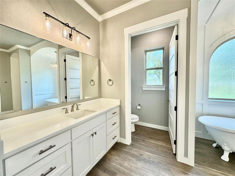 Bathroom featuring ornamental molding, toilet, vanity, a soaking tub, and wood finished floors