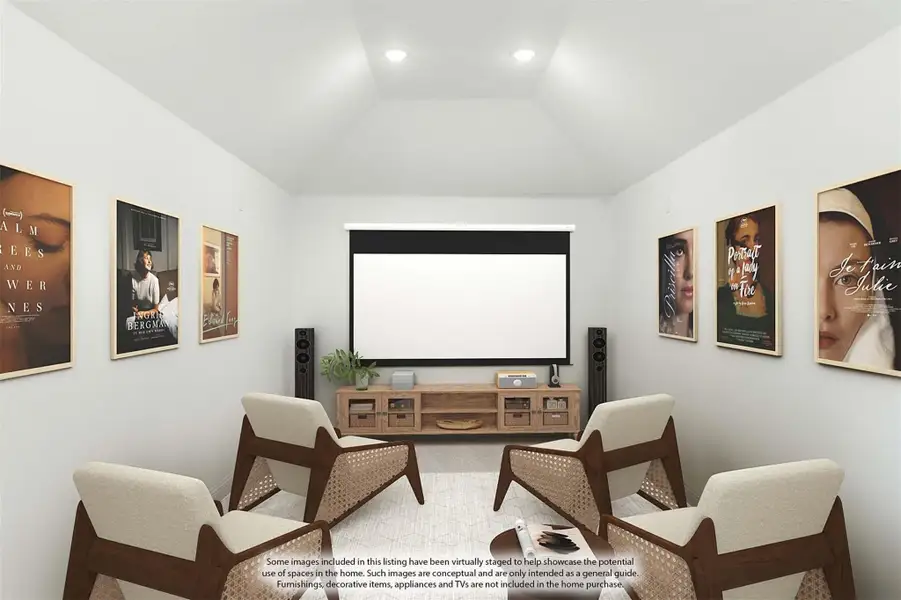 Home theater room with projection screen, four armchairs, wood media console, and movie posters on white walls