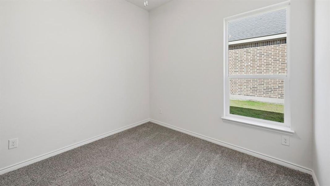 Bright interior space featuring a window with white trim, gray plush carpeting, white baseboards, and neutral wall paint