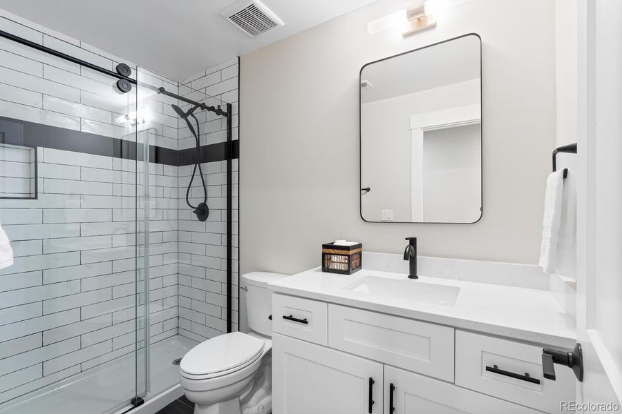 Lower level 3/4 bath with custom tile and glassenclosure Lower level 3/4 bath with custom tile and glassenclosure