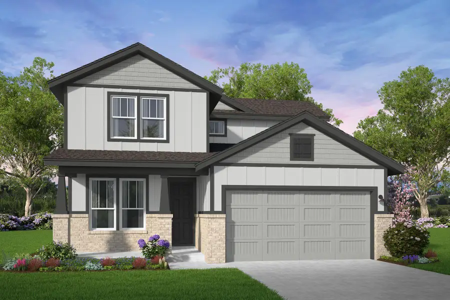 Front exterior of a new home in 45' Traditional Homes at Elyson, Katy, TX, highlighting curb appeal (Image 1). Front exterior of a new home in 45' Traditional Homes at Elyson, Katy, TX, highlighting curb appeal (Image 1).
