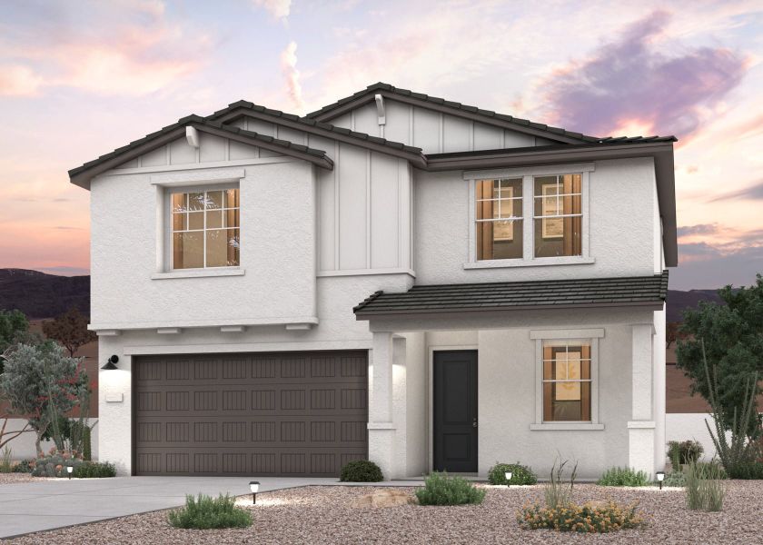 Front exterior of a new home in Montaña Vista, Buckeye, AZ, highlighting curb appeal (Image 1). Front exterior of a new home in Montaña Vista, Buckeye, AZ, highlighting curb appeal (Image 1).