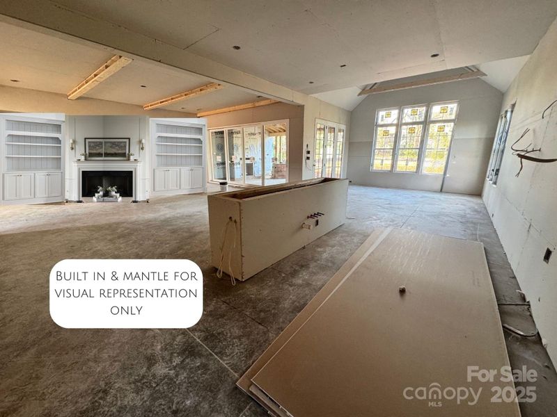 View from Kitchen into Dining room & Living Room Built in visual (for visual representation only)