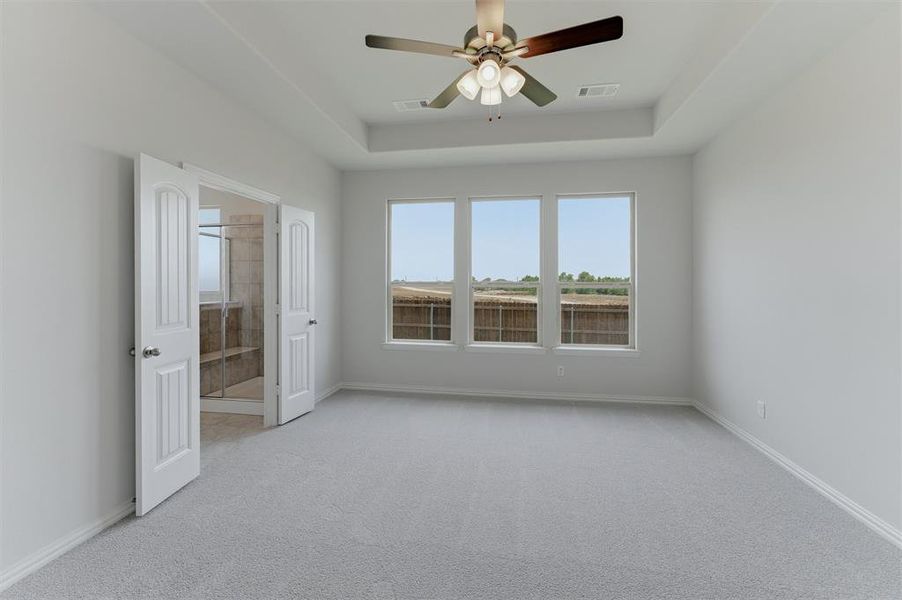 Tray ceiling with a ceiling fan, three windows overlooking a privacy fence, light gray carpet, and white trim Tray ceiling with a ceiling fan, three windows overlooking a privacy fence, light gray carpet, and white trim