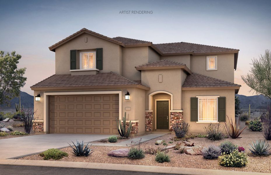 Representative exterior photo of a completed home built from the Yucca by Pulte Homes in Parkside at Anthem at Merrill Ranch, Florence, AZ (Image 2). Representative exterior photo of a completed home built from the Yucca by Pulte Homes in Parkside at Anthem at Merrill Ranch, Florence, AZ (Image 2).