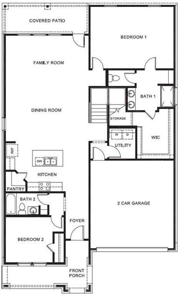 D.R. Horton's Robin floorplan, 1st floor - All Home and community information, including pricing, included features, terms, availability and amenities, are subject to change at any time without notice or obligation. All Drawings, pictures, photographs, video, square footages, floor plans, elevations, features, colors and sizes are approximate for illustration purposes only and will vary from the homes as built.