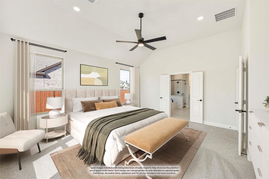 Spacious master bedroom with vaulted ceiling, ceiling fan, carpet flooring, and ensuite bathroom access