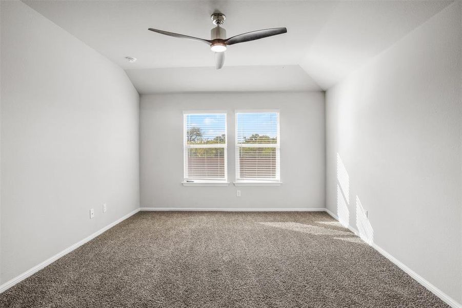 Unfurnished room with lofted ceiling, ceiling fan, and carpet floors