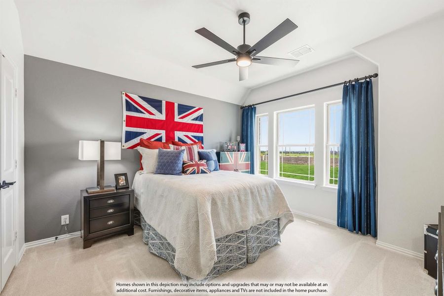 Bedroom with gray accent wall, ceiling fan, and large windows with blue curtains