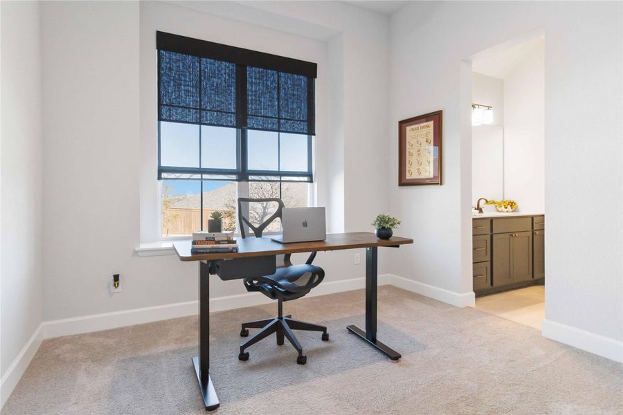 Home office with light colored carpet Home office with light colored carpet