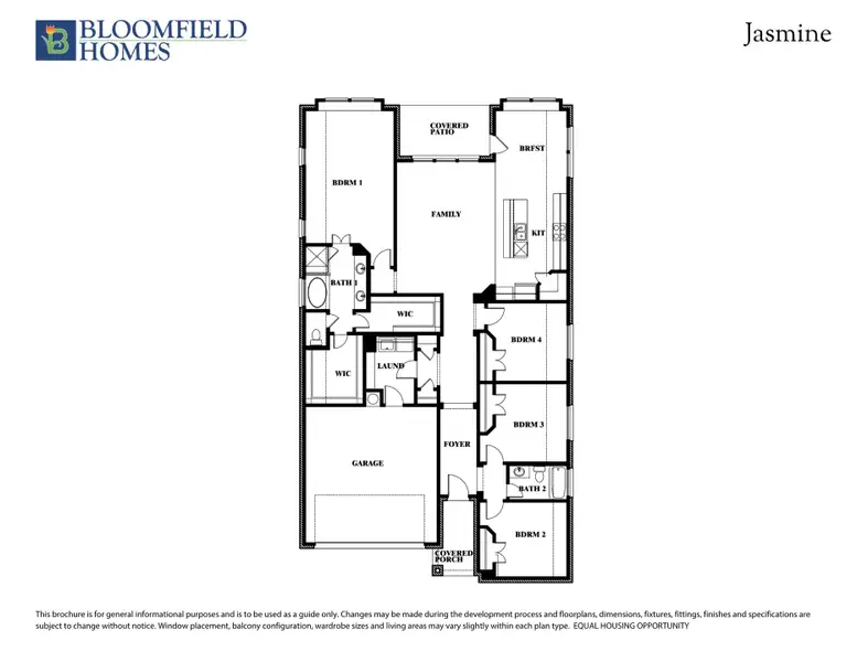 Bloomfield Homes Jasmine floor plan with four bedrooms, two bathrooms, family room, kitchen, and two-car garage. Bloomfield Homes Jasmine floor plan with four bedrooms, two bathrooms, family room, kitchen, and two-car garage.