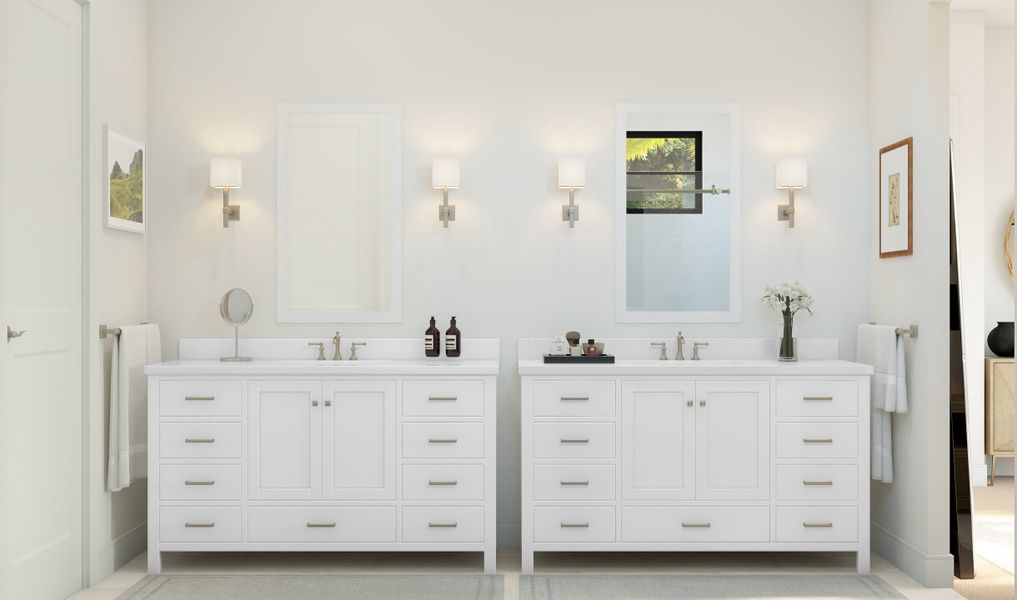 Primary bath with freestanding vanities