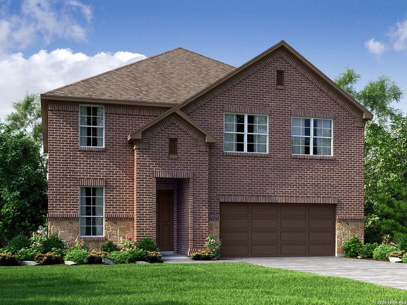 Front exterior of a new home in Carmel Ranch, Schertz, TX, highlighting curb appeal (Image 1). Front exterior of a new home in Carmel Ranch, Schertz, TX, highlighting curb appeal (Image 1).