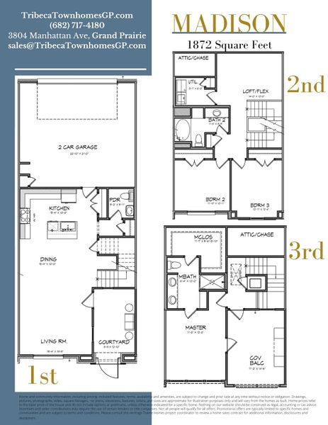 2D floor plan layout for the Madison by Heritage Towne in Tribeca Townhomes, Grand Prairie, TX (Image 1).
