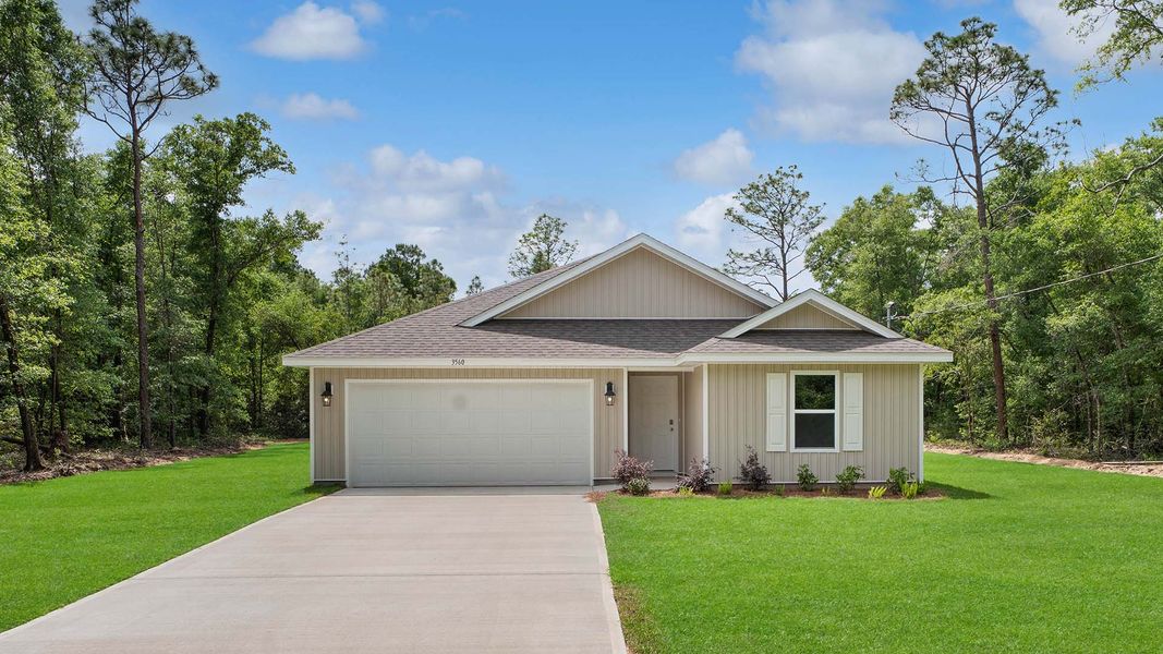 Representative exterior photo of a completed home built from the Lakeside by D.R. Horton in Sunny Hills, Chipley, FL (Image 1).