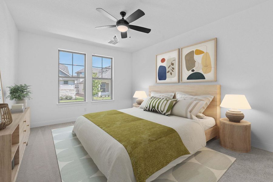 Bedroom with light carpet and ceiling fan