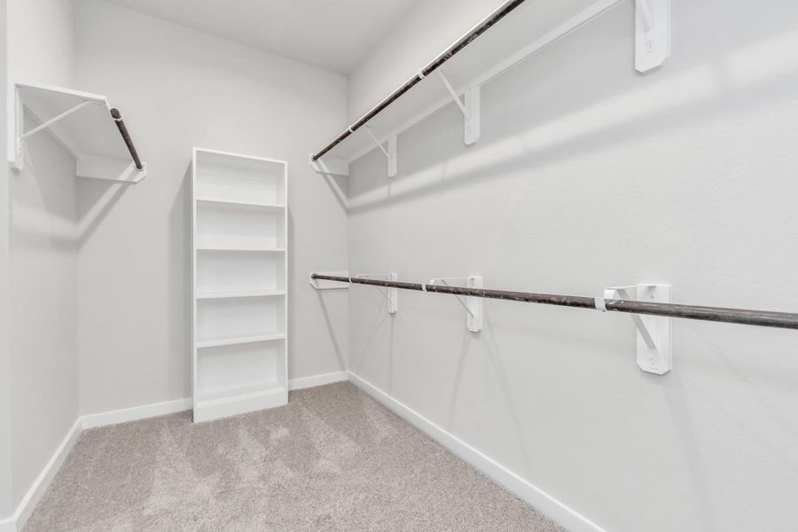 Experience luxury in this spacious walk-in closet with high ceilings and plush carpet. Warm paint tones, built-in shelving, and dark finishes create a contemporary and functional retreat. Sample photo of completed home with similar floor plan. Actual colors and selections may vary.