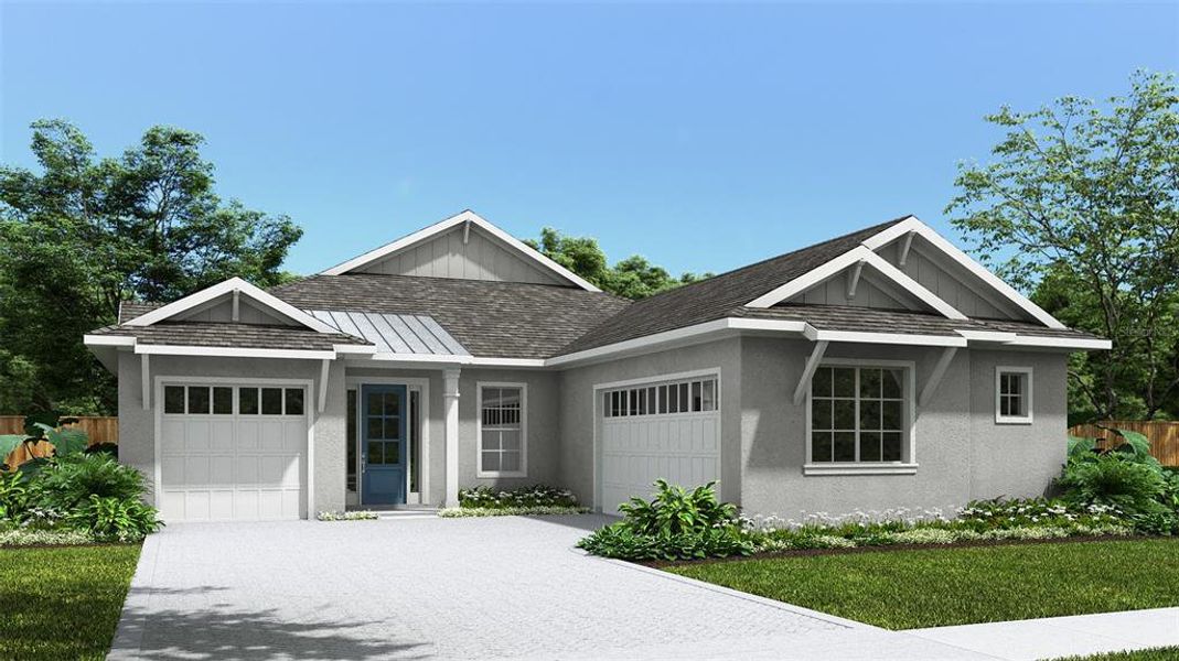 Front exterior of a new home in Southern Hills 65', Brooksville, FL, highlighting curb appeal (Image 1).