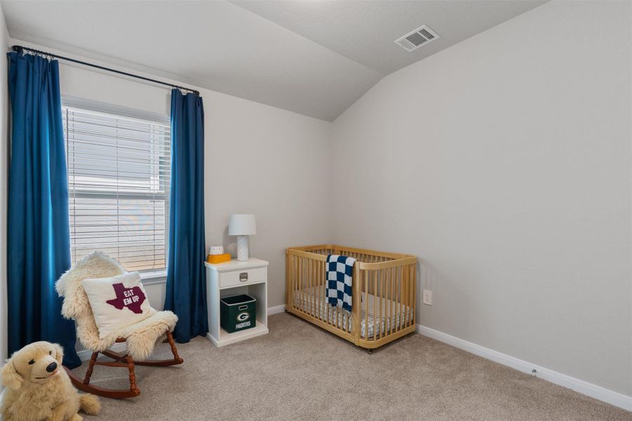 Carpeted room featuring a window with blinds and blue drapery, a light gray wall color, and white trim Carpeted room featuring a window with blinds and blue drapery, a light gray wall color, and white trim