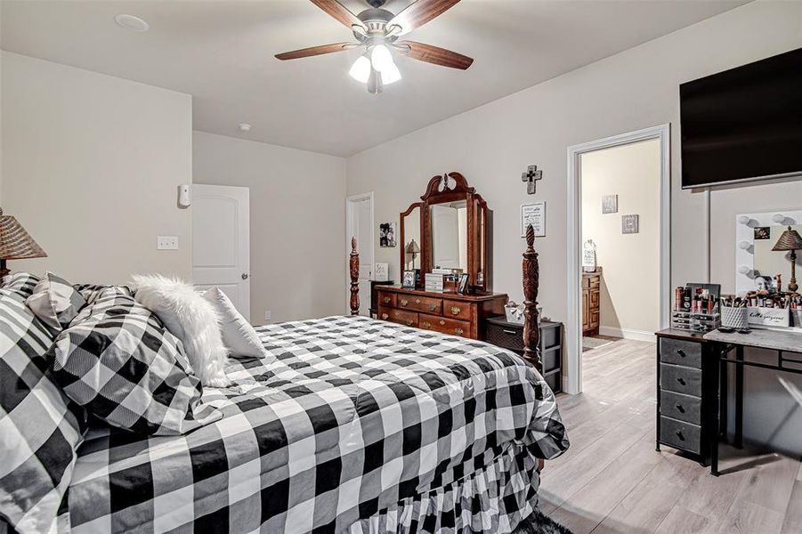 Bedroom featuring light hardwood / wood-style floors and ceiling fan