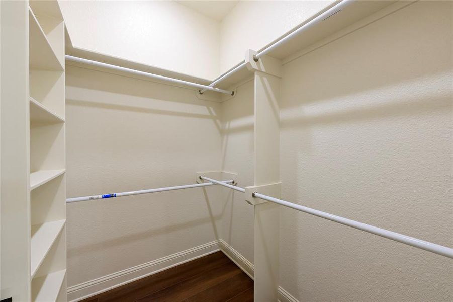 Walk in closet with dark wood finished floors