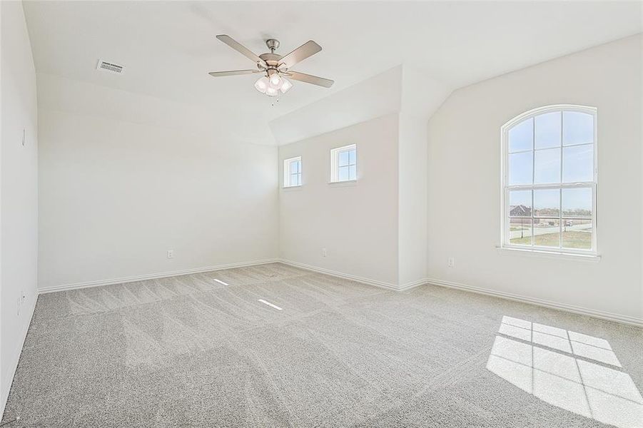 Spare room with light carpet, lofted ceiling, and ceiling fan