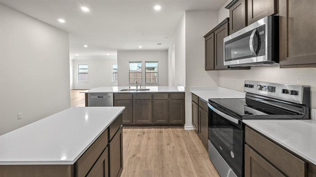 Kitchen with stainless steel appliances, light wood finished floors, a peninsula, dark wood finish cabinets, and recessed lighting
