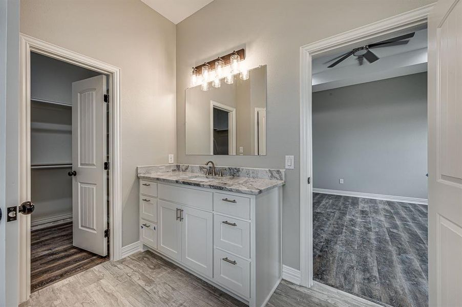 Bathroom with hardwood / wood-style floors, vanity, and ceiling fan