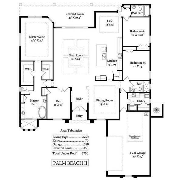 2D floor plan layout for the The Palm Beach II by Gold Coast Custom Homes in The Conservatory, Palm Coast, FL (Image 3).