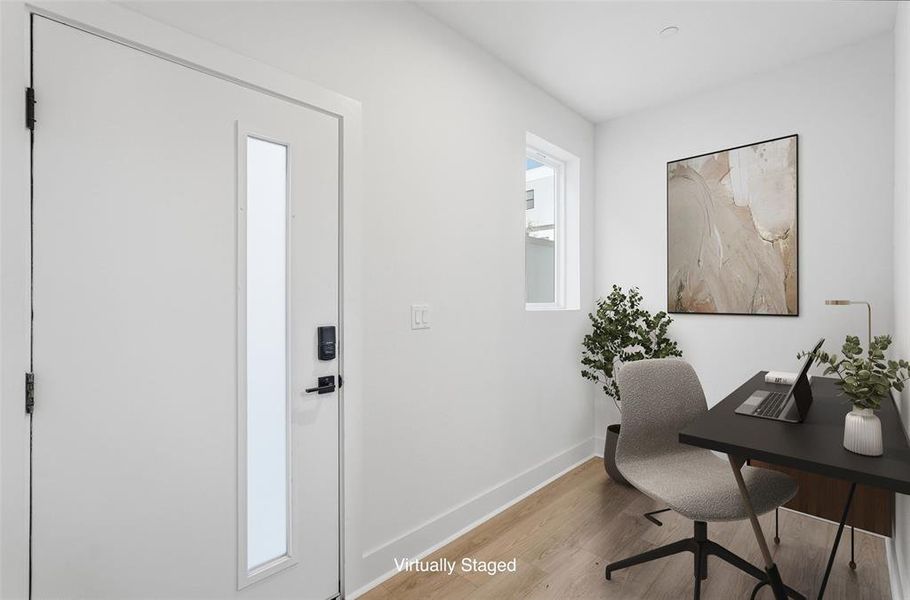 Quiet & Secluded study and office area with a window overlooking the patio.