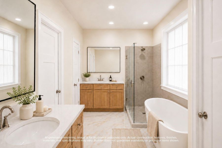 Dual vanities, a freestanding soaking tub, and a frameless glass shower — all on the first floor, all yours. The kind of bathroom that turns a Tuesday night into something worth looking forward to. AI-generated rendering; finishes may vary.