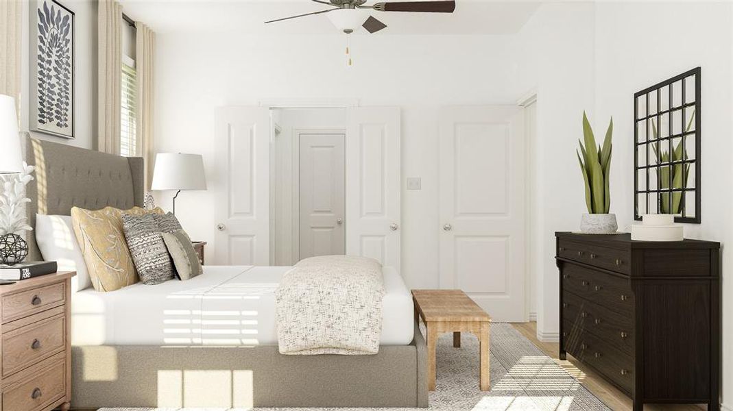 Bedroom with light hardwood / wood-style floors, ceiling fan, and a closet