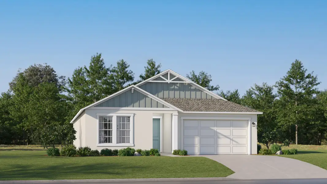 Front exterior of a new home in Connerton, Land O' Lakes, FL, highlighting curb appeal (Image 1). Front exterior of a new home in Connerton, Land O' Lakes, FL, highlighting curb appeal (Image 1).