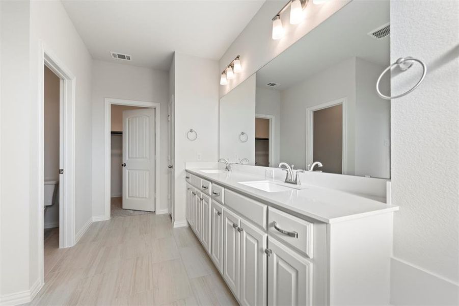 Bathroom with double vanity and a spacious closet