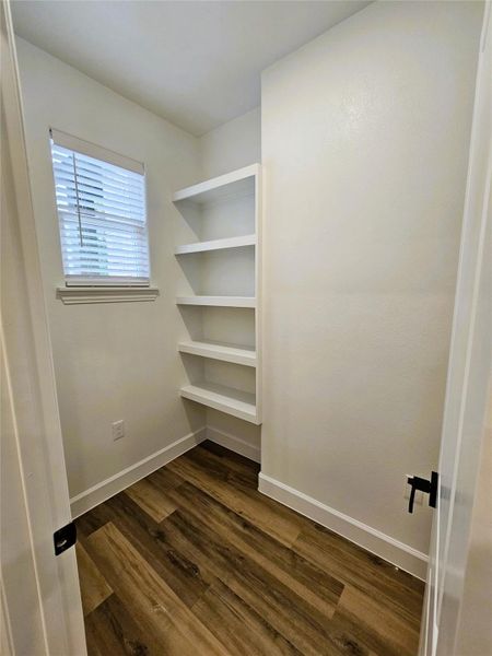 Walk in closet with dark wood-type flooring