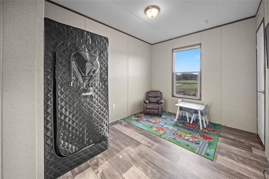 Playroom with wood finished floors and crown molding Playroom with wood finished floors and crown molding