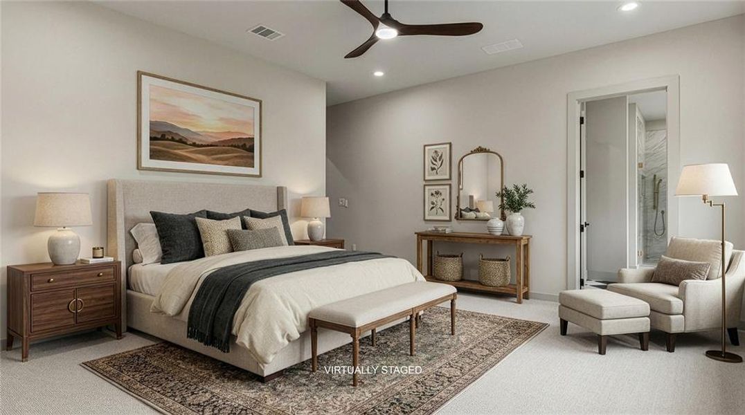Primary bedroom on the upper level has carpet and ceiling fan and gorgeous ensuite bath space. Primary bedroom on the upper level has carpet and ceiling fan and gorgeous ensuite bath space.