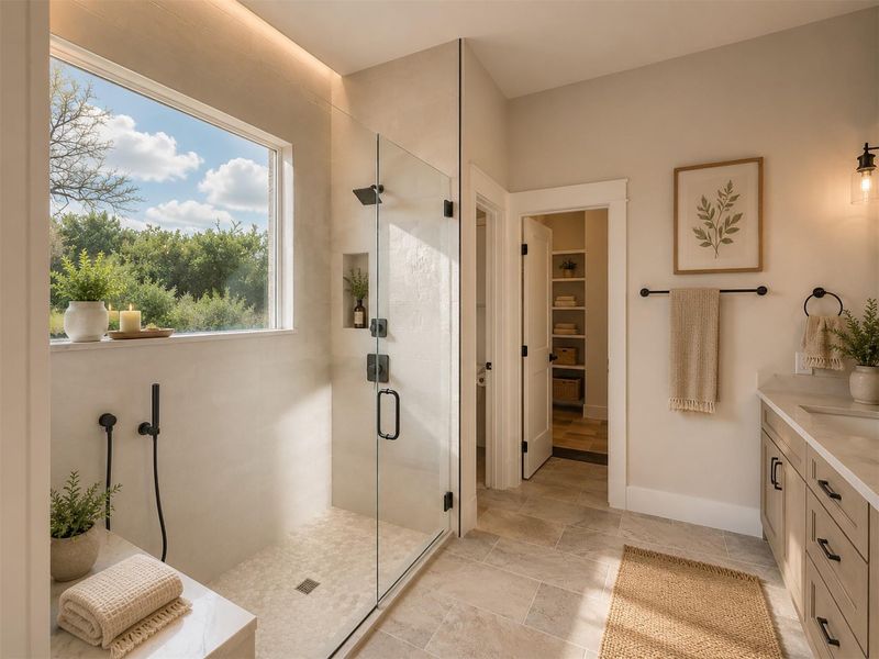 A glass-enclosed walk-in shower highlights this elegant bathroom with stone tile flooring.Virtual Staging. A glass-enclosed walk-in shower highlights this elegant bathroom with stone tile flooring.Virtual Staging.