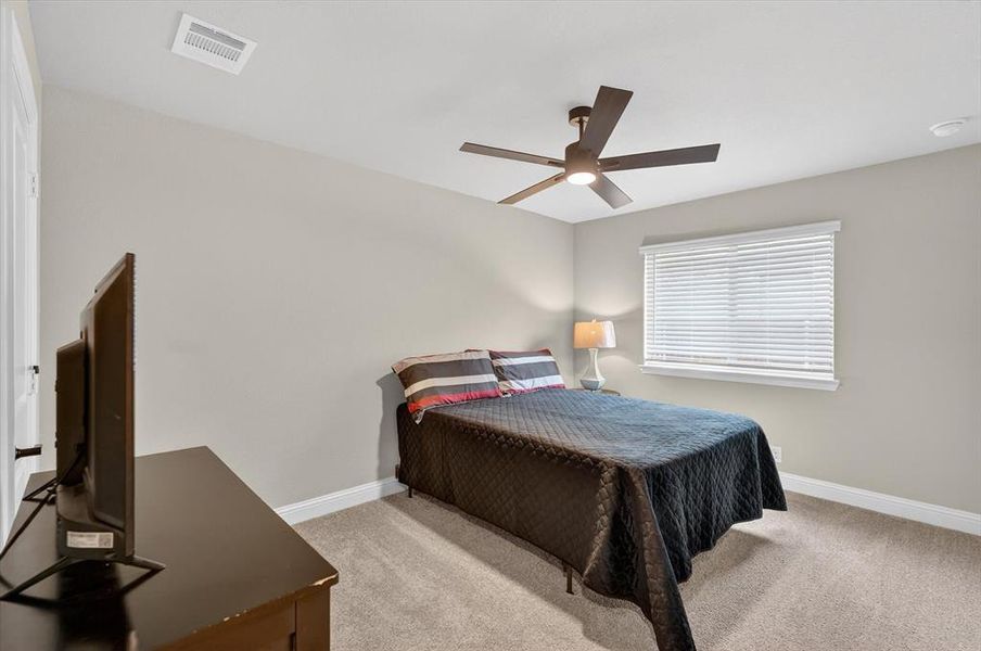 Bedroom featuring light gray walls, gray carpet flooring, and a ceiling fan with dark blades Bedroom featuring light gray walls, gray carpet flooring, and a ceiling fan with dark blades