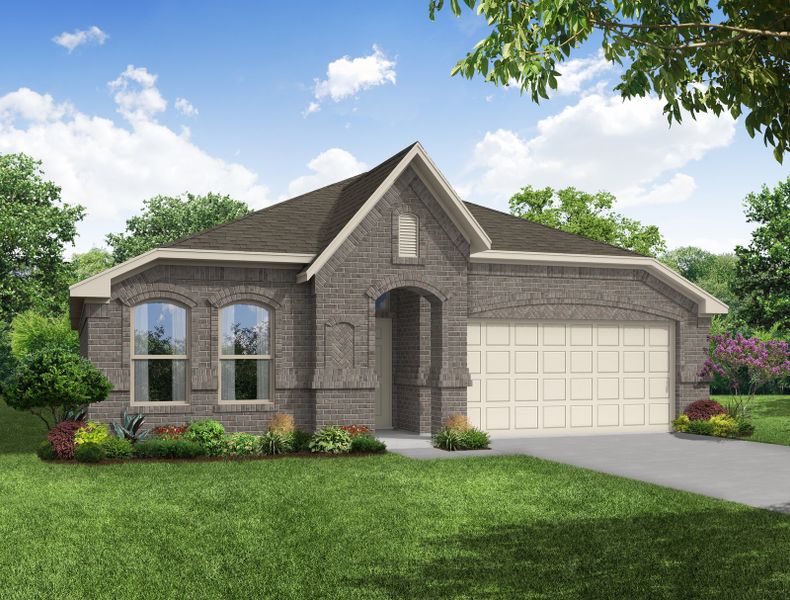 Representative exterior photo of a completed home built from the Atlanta by Impression Homes in Keeneland, Aubrey, TX (Image 6). Representative exterior photo of a completed home built from the Atlanta by Impression Homes in Keeneland, Aubrey, TX (Image 6).