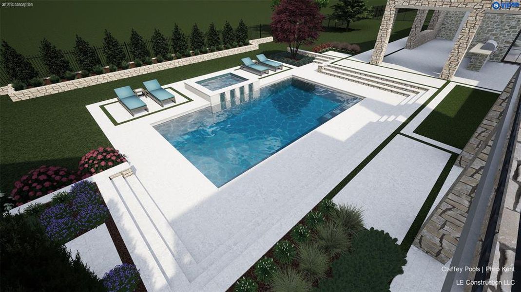 Expansive outdoor living area featuring a rectangular swimming pool with integrated spa, a stone-clad patio structure, integrated landscaping beds, and a perimeter fence Expansive outdoor living area featuring a rectangular swimming pool with integrated spa, a stone-clad patio structure, integrated landscaping beds, and a perimeter fence