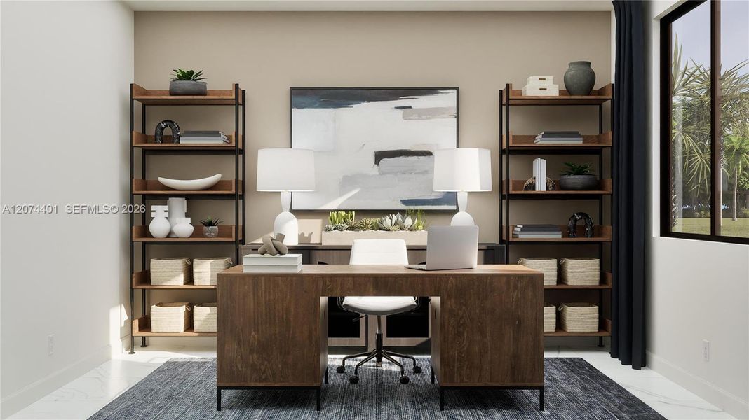 Work remotely in style from this first-floor office that separates professional focus from household distractions.