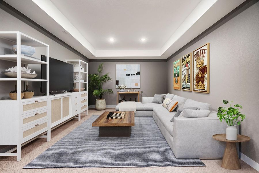 This versatile upstairs media room offers a cozy retreat perfect for movie nights or casual gatherings. The soft neutral palette, recessed lighting, and tray ceiling create a warm and inviting atmosphere, while the spacious layout provides endless possibilities for relaxation and entertainment.